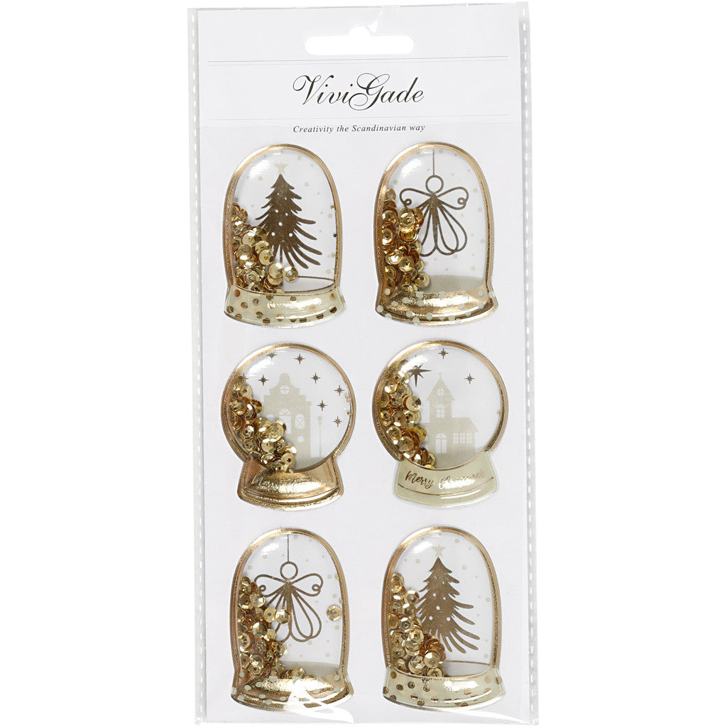 Shaker stickers, angel, tree and houses, size 49x32+45x36 mm, gold, 6 pc/ 1 pack [HOB-28459]