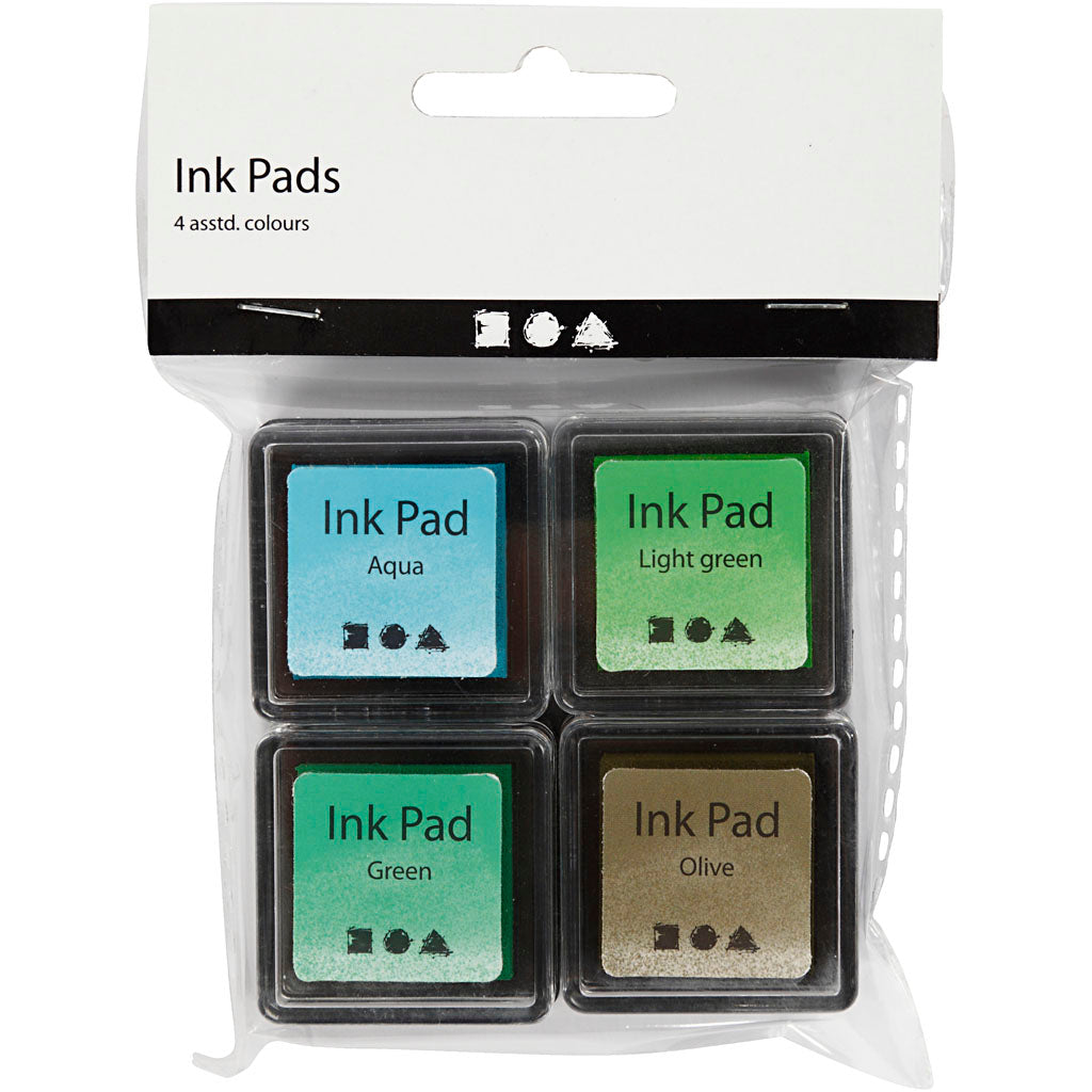 Ink Pad, H: 2 cm, size 3,5x3,5 cm, green, light green, olive, aqua, 4 pc/ 1 pack [HOB-285343]