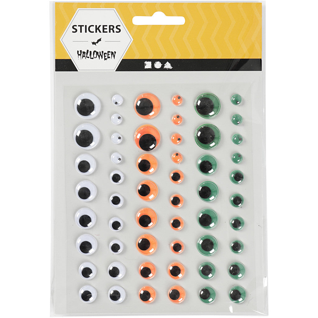 Googly Eyes, self-adhesive, dia. 6+8+10+12+15 mm, green, orange, white, 54 pc, 1 sheet [HOB-28994]