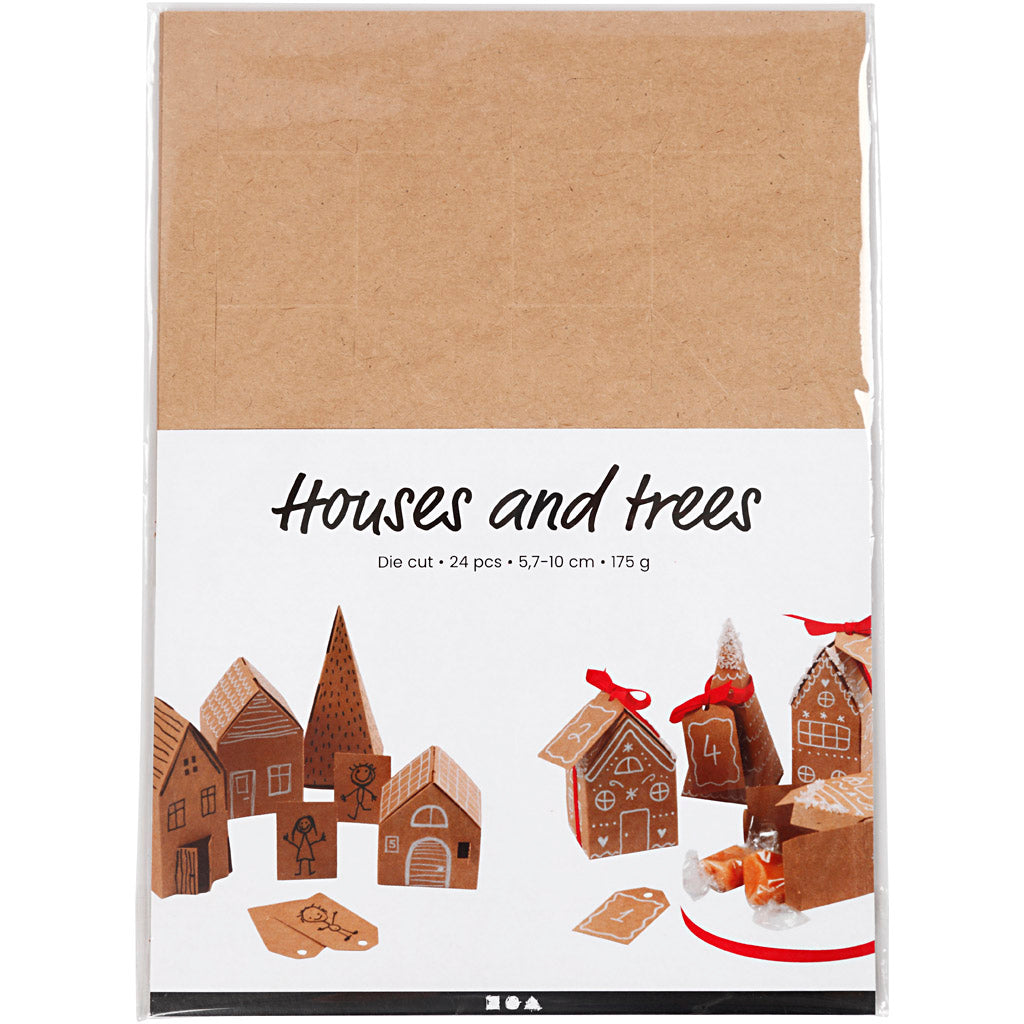 Die cut houses and trees, H: 5,7-10 Cm cm, 1 set [HOB-29040]