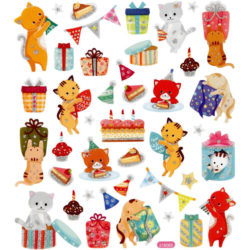 Stickers, birthday cats, sheet 15x16,5 cm, ca. 38 pc, 1 sheet [HOB-29063]