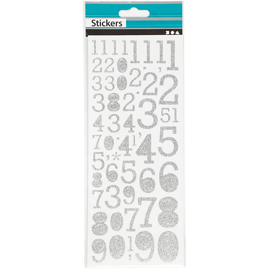 Glitter Stickers, numbers, sheet 10x24 cm, silver, 2 sheet/ 1 pack [HOB-29109]
