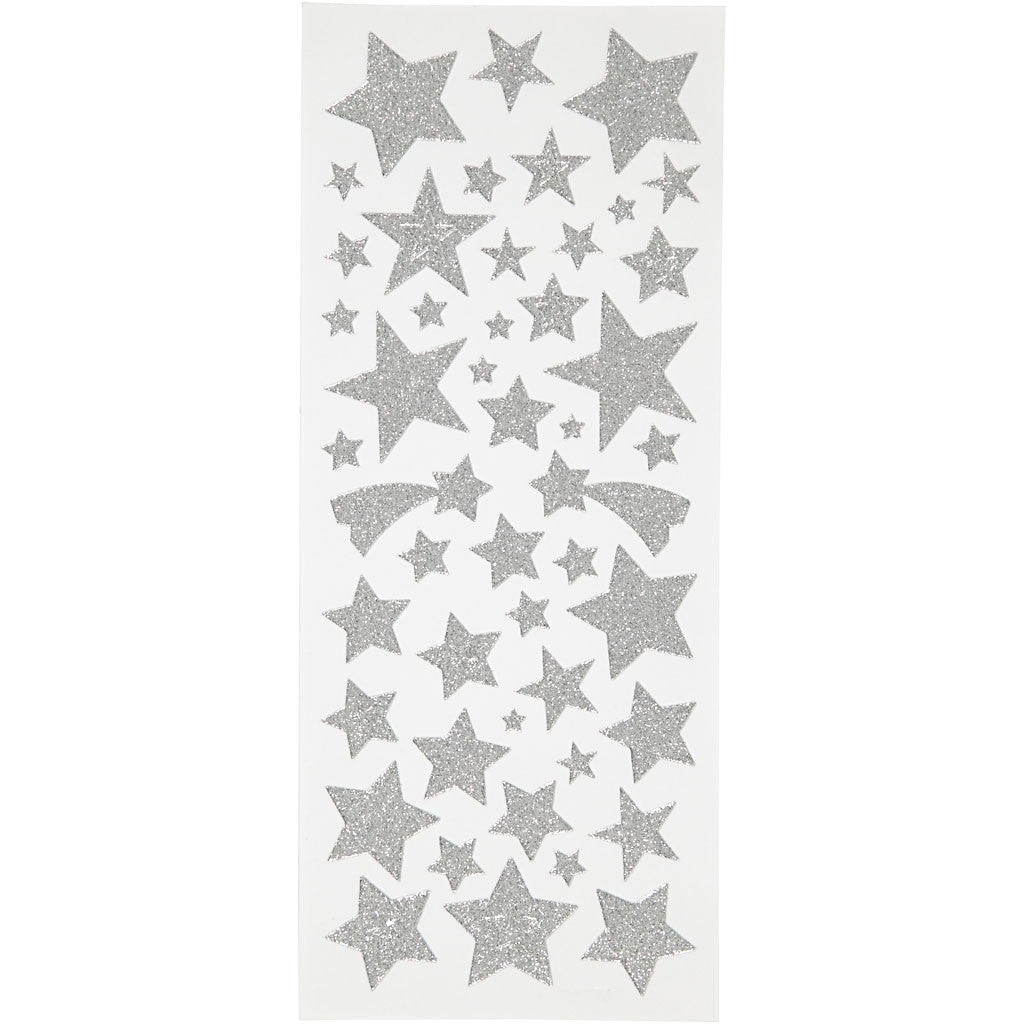 Glitter Stickers, stars, sheet 10x24 cm, ca. 110 pc, silver, 2 sheet/ 1 pack [HOB-29111]
