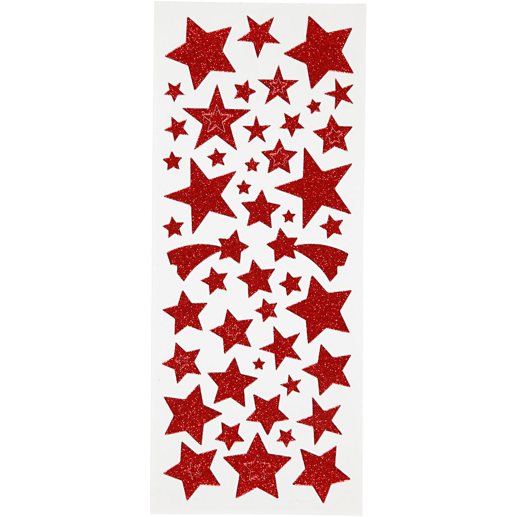 Glitter Stickers, stars, sheet 10x24 cm, ca. 110 pc, red, 2 sheet