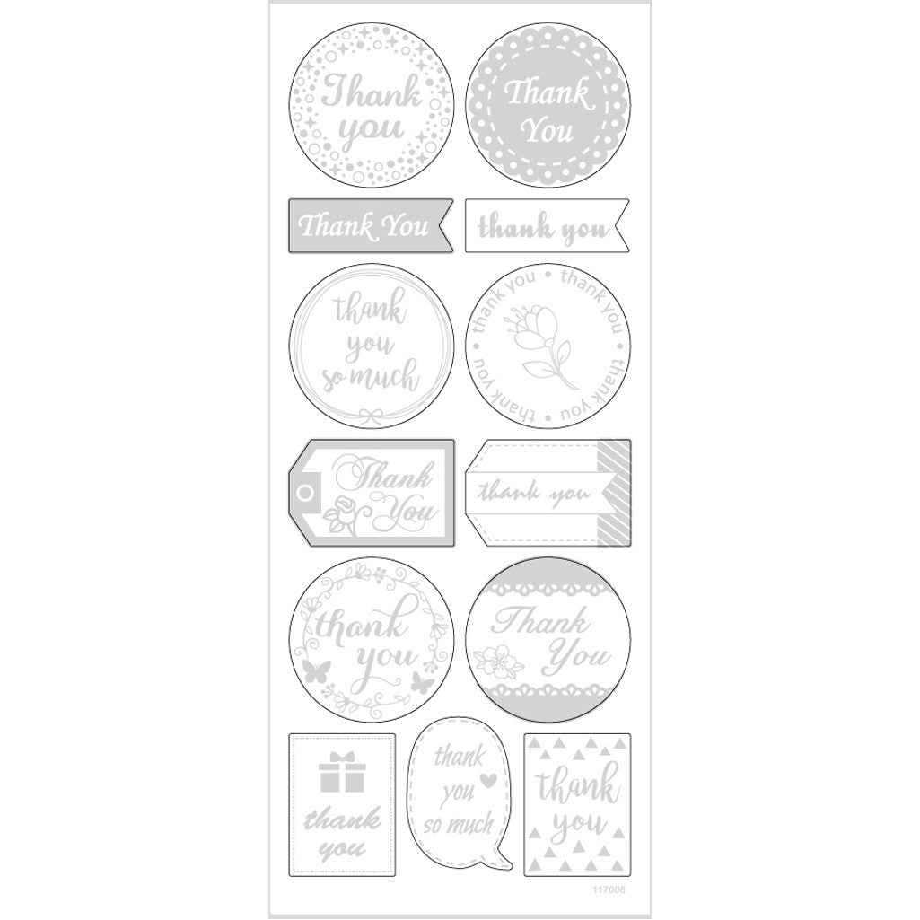 Stickers, thank you, sheet 10x24 cm, ca. 13 pc, silver, 1 sheet [HOB-29141]