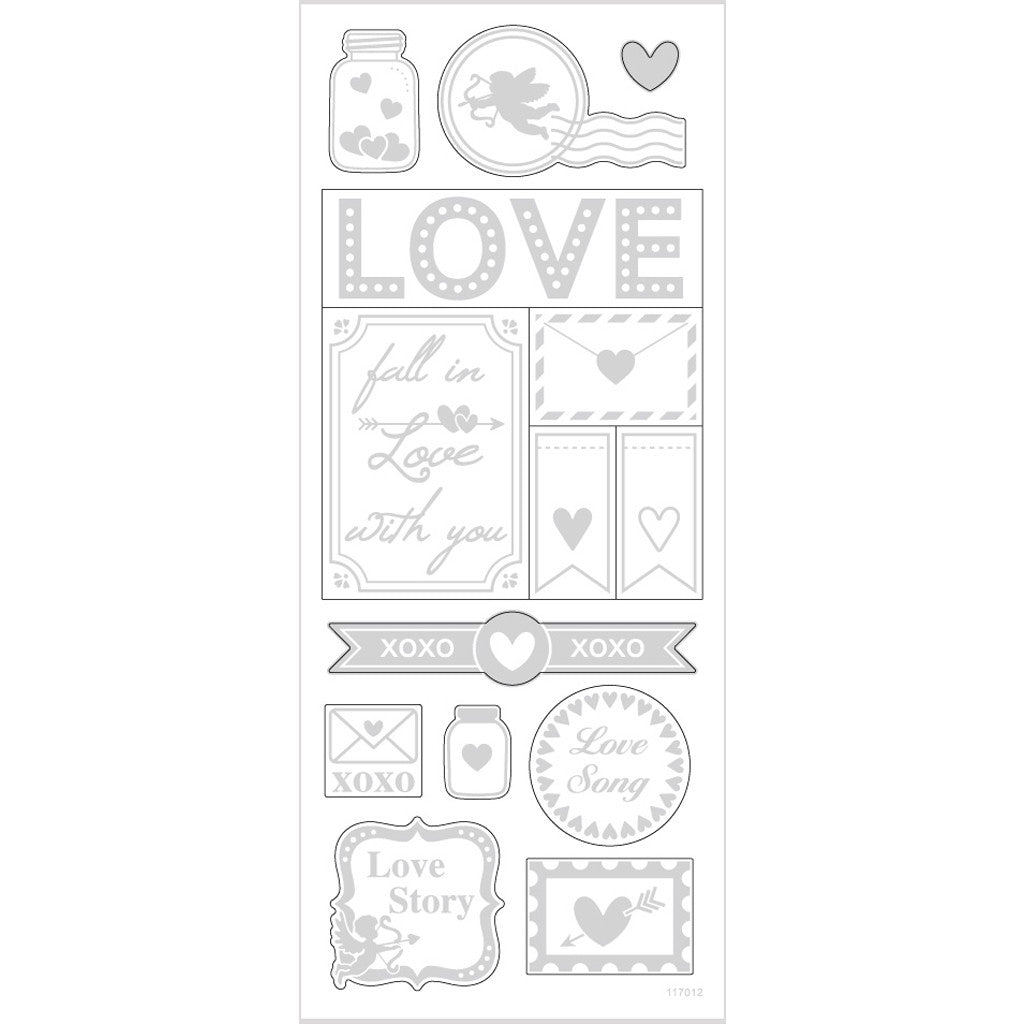 Stickers, love, sheet 10x24 cm, ca. 14 pc, silver, 1 sheet [HOB-29142]