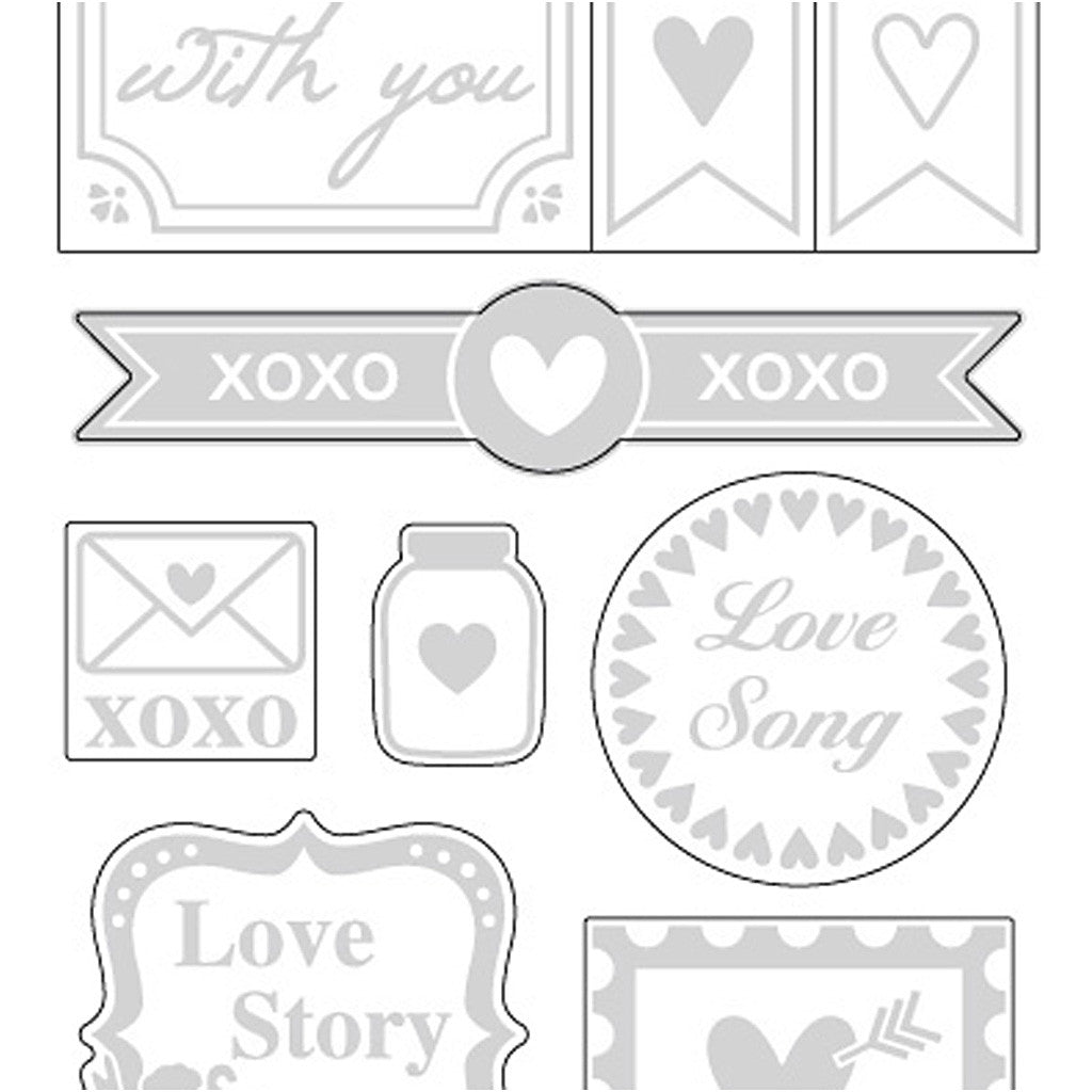 Stickers, love, sheet 10x24 cm, ca. 14 pc, silver, 1 sheet [HOB-29142]
