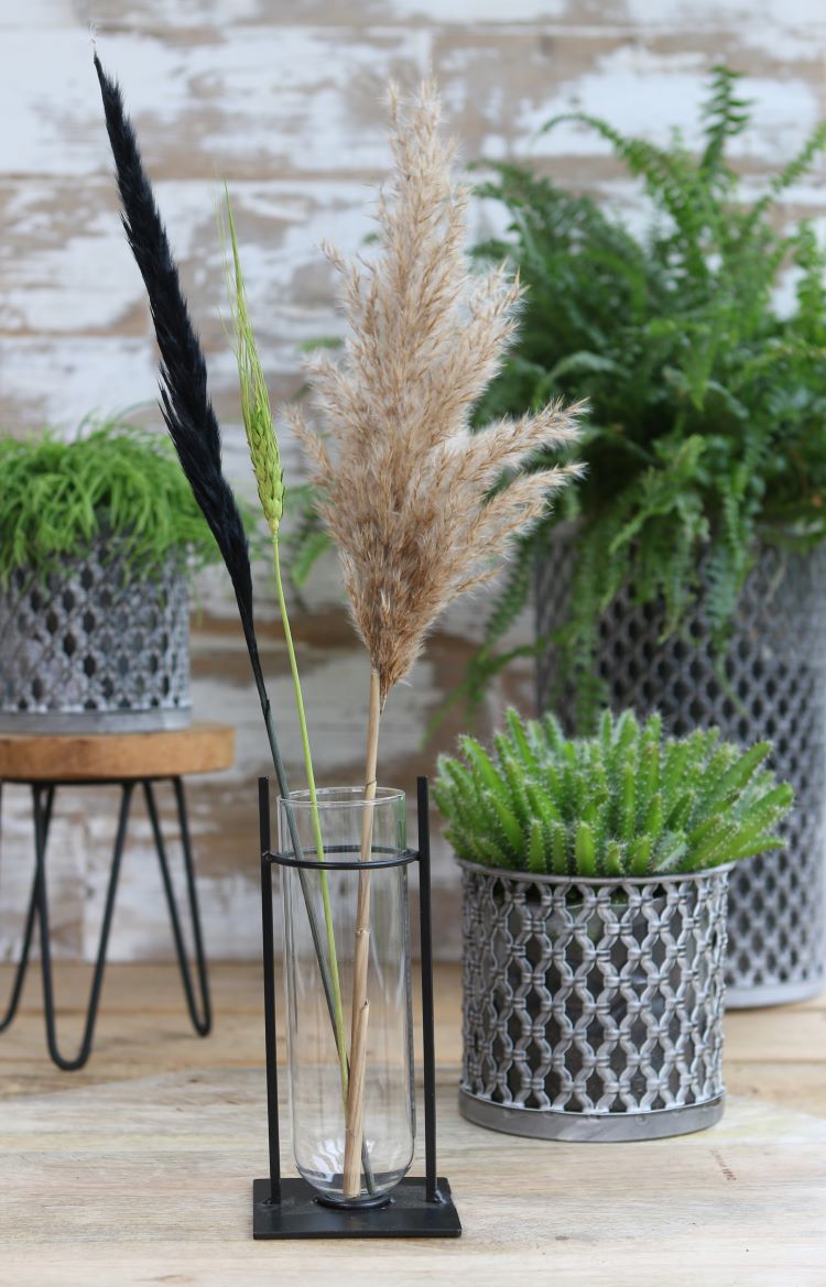 Cylinder vase in metal holder 17.5cm high (4 pcs.) [IFS-29234]