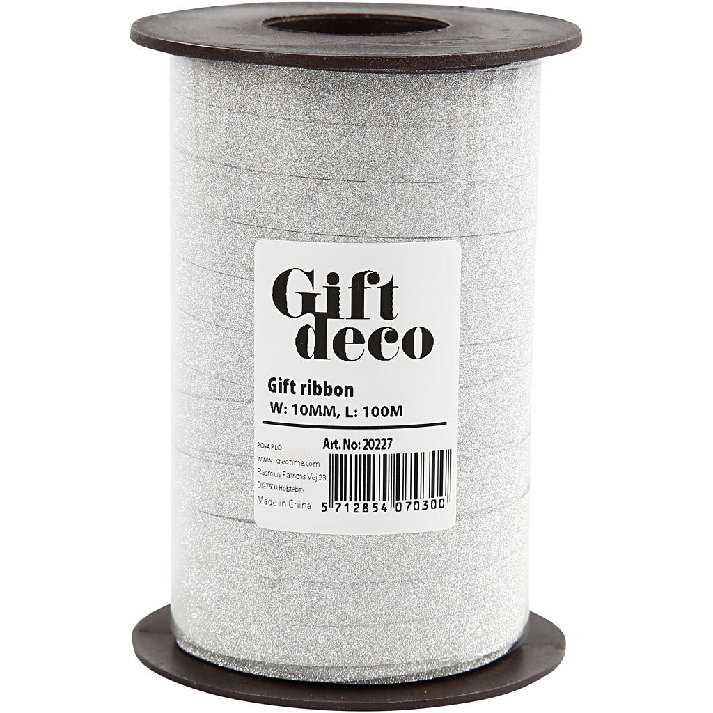 Curling Ribbon, W: 10 mm, glitter, silver, 100 m/ 1 pack [HOB-20227]