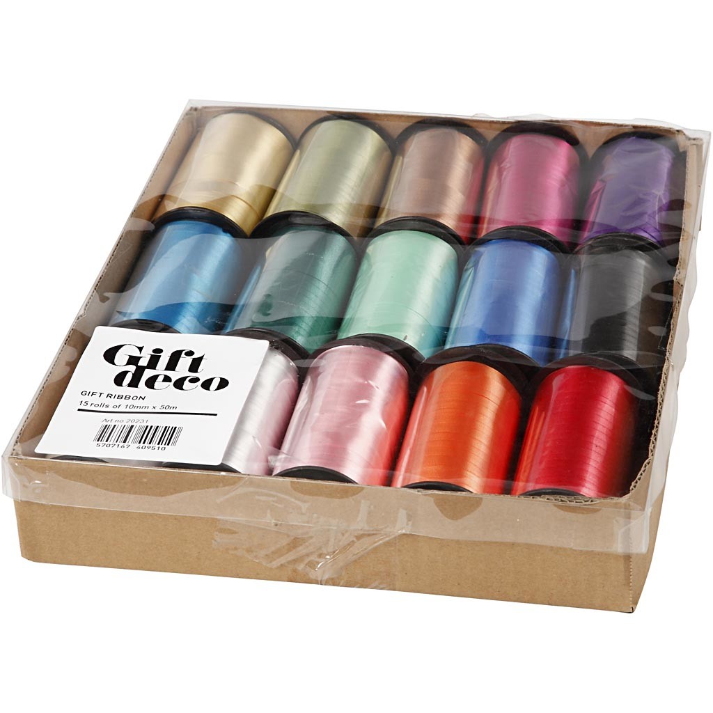 Curling Ribbon, W: 10 mm, glossy, assorted colours, 15x50 m/ 1 pack [HOB-20231]