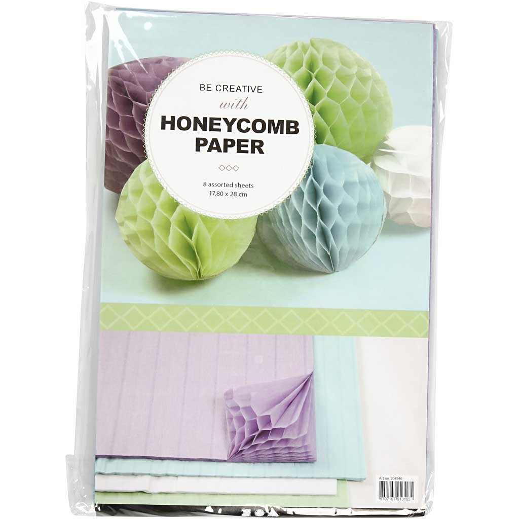 Honeycomb paper, sheet 28x17,8 cm, light blue, green, purple, white, 4x2 sheet/ 1 pack [HOB-204940]