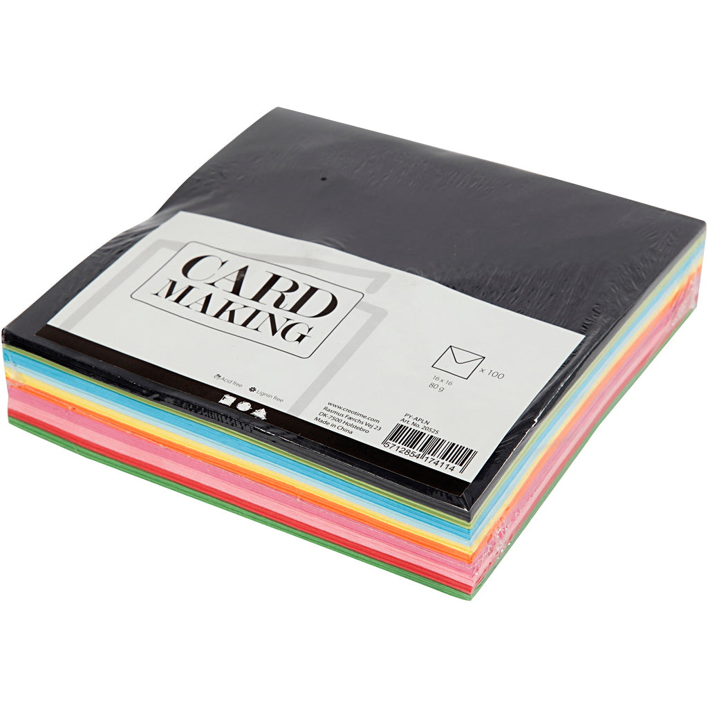 Coloured Envelopes, envelope size 16x16 cm, 80 g, assorted colours, 10x10 pc/ 1 pack [HOB-20525]