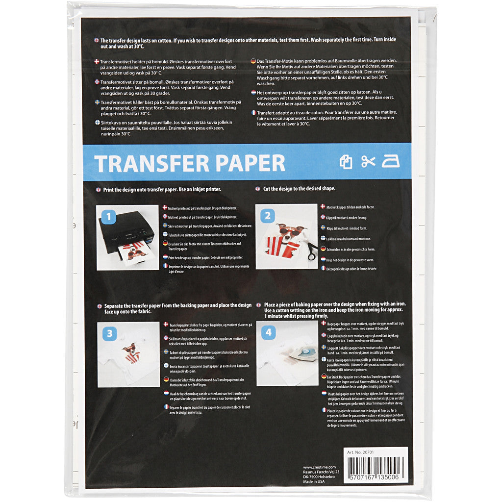 Transfer Sheet, sheet 21,5x28 cm, for dark and light textiles, white, 12 sheet/ 1 pack [HOB-20701]