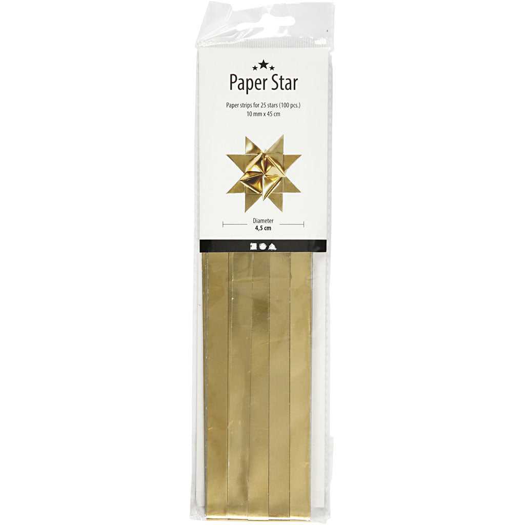 Paper Star Strips, L: 45 cm, W: 10 mm, dia. 4,5 cm, gold, 100 strips/ 1 pack [HOB-20713]