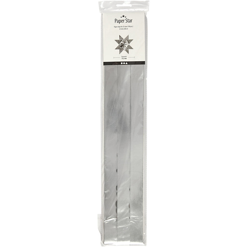 Paper Star Strips, L: 73 cm, dia. 11,5 cm, W: 25 mm, silver, 100 strips/ 1 pack [HOB-20725]