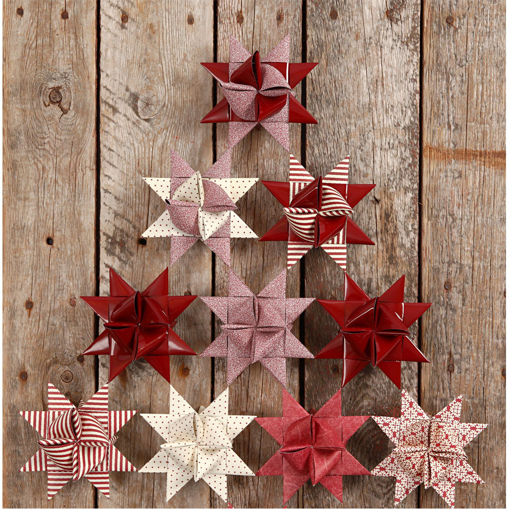 Paper Star Strips, L: 44+78 cm, W: 15+25 mm, dia. 6,5+11,5 cm, glitter,varnish, red, 40 strips/ 1 pack [HOB-20775]