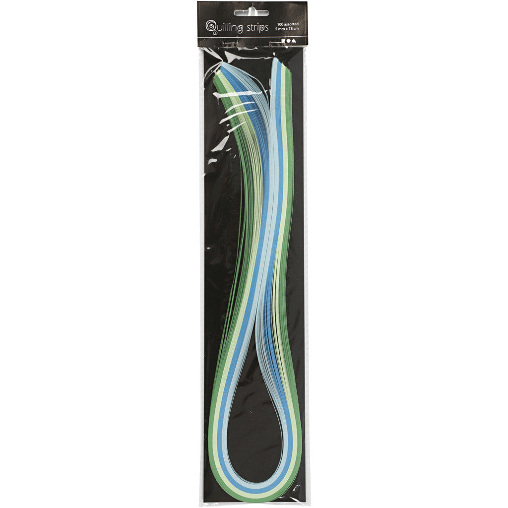Quilling Paper Strips, L: 78 cm, W: 5 mm, 120 g, blue, green, lime green, turquoise, 100 pc/ 1 pack [HOB-20796]