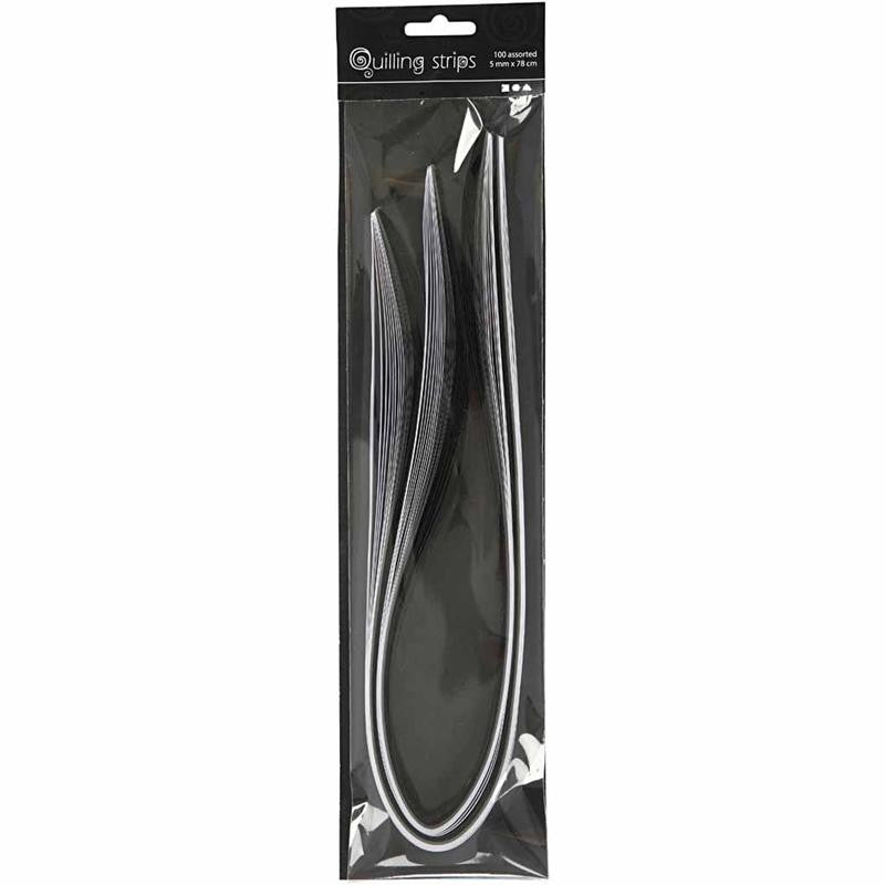 Quilling Paper Strips, L: 78 cm, W: 5 mm, 120 g, black, grey, white, 100 pc/ 1 pack [HOB-20797]