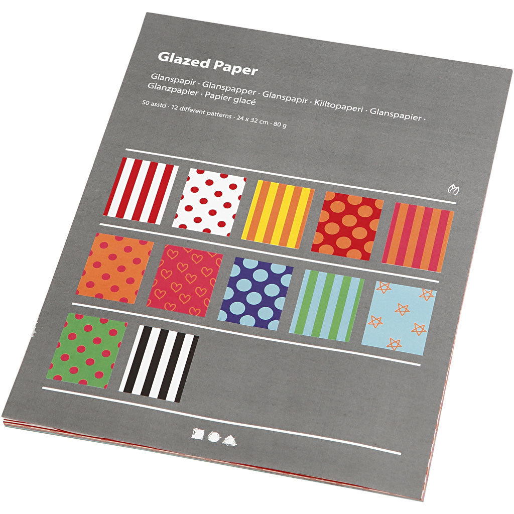 Glazed Paper, Pattern, sheet 24x32 cm, 80 g, assorted colours, 50 ass sheets/ 1 pack [HOB-20871]