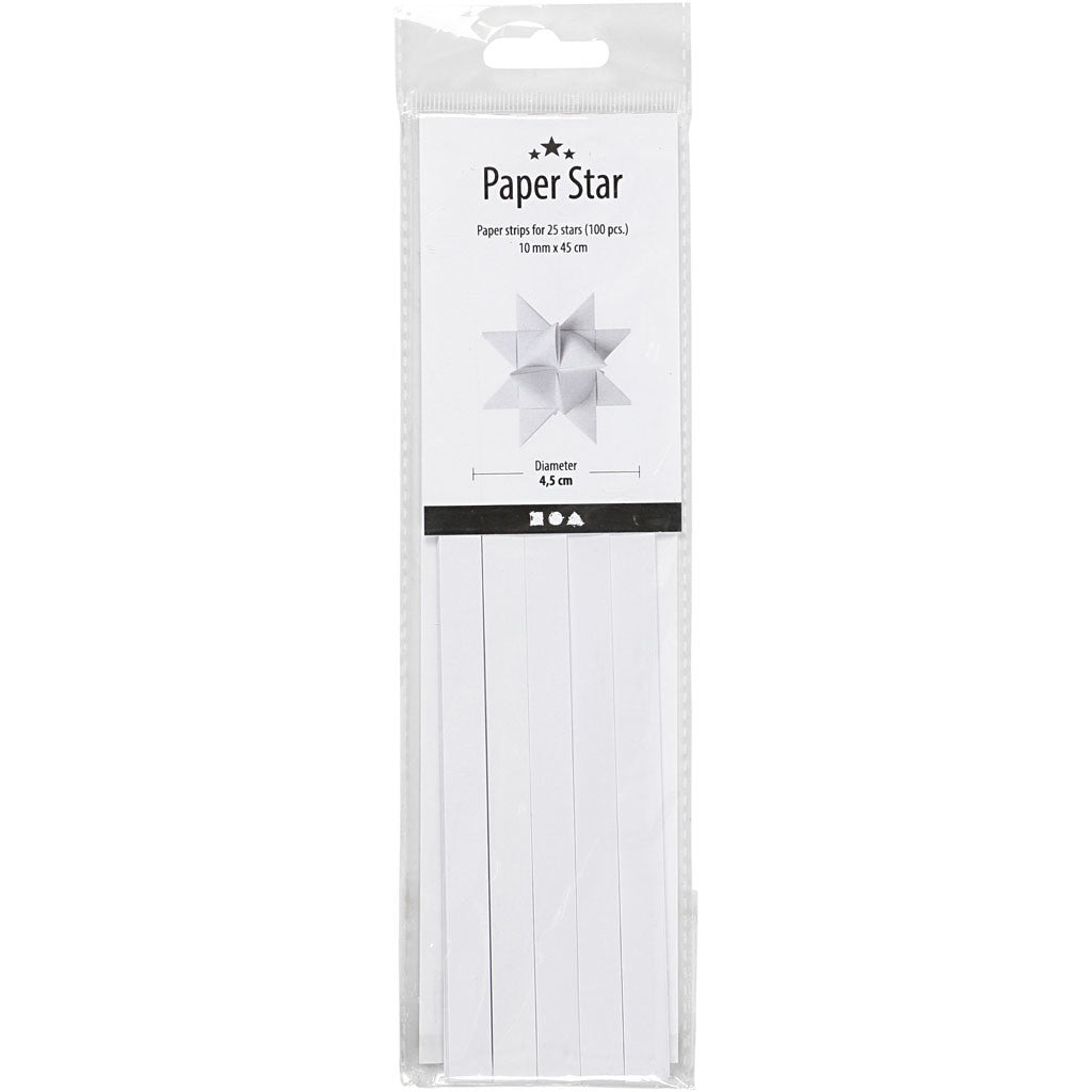 Paper Star Strips, L: 45 cm, dia. 4,5 cm, W: 10 mm, white, 100 strips/ 1 pack [HOB-209310]
