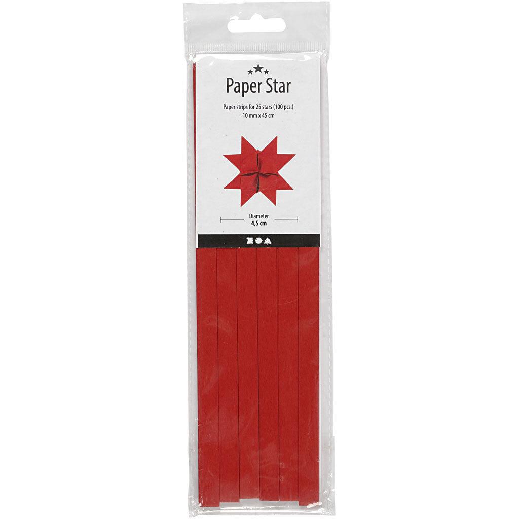 Paper Star Strips, L: 45 cm, W: 10 mm, dia. 4,5 cm, red, 100 strips/ 1 pack [HOB-209320]