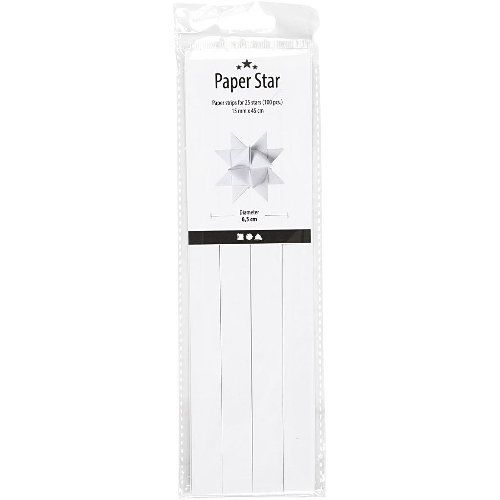 Paper Star Strips, L: 45 cm, W: 15 mm, dia. 6,5 cm, white, 100 strips/ 1 pack [HOB-209330]
