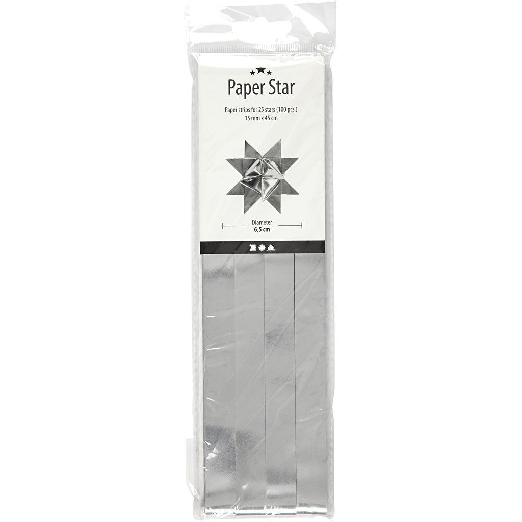 Paper Star Strips, L: 45 cm, dia. 6,5 cm, W: 15 mm, silver, 100 strips/ 1 pack [HOB-20936]