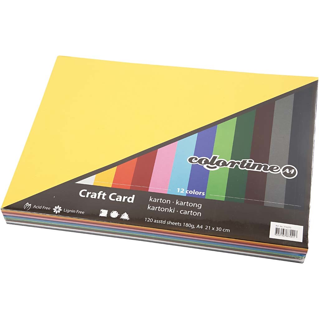 Coloured Card, A4, sheet 210x297 mm, 180 g, assorted colours, 12x10 sheet/ 1 pack [HOB-214270]