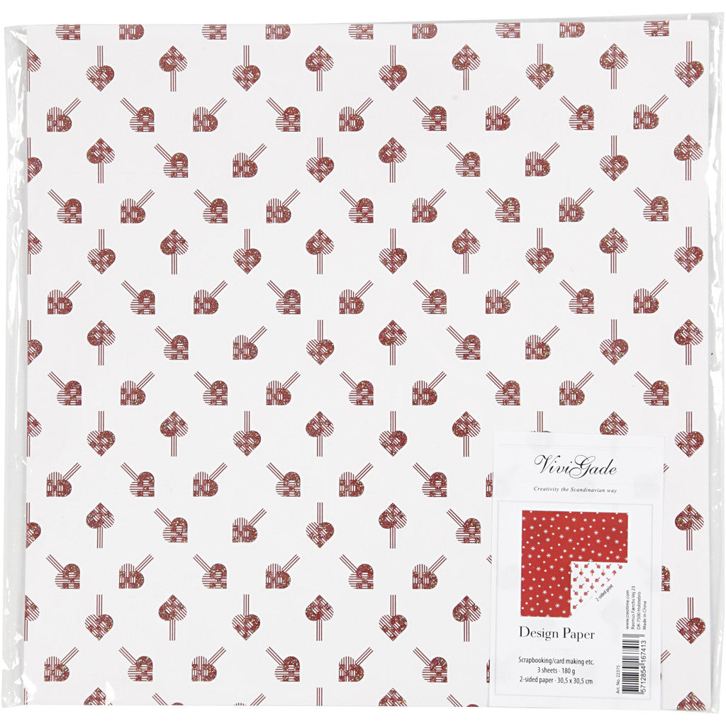 Design Paper, hearts and ice crystals, sheet 30,5x30,5 cm, 180 g, 3 sheet/ 1 pack [HOB-22375]