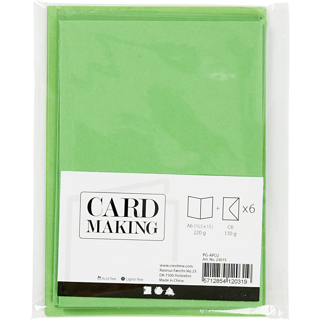 Cards and envelopes, card size 10,5x15 cm, envelope size 11,5x16,5 cm, 110+220 g, green, 6 set/ 1 pack [HOB-23015]