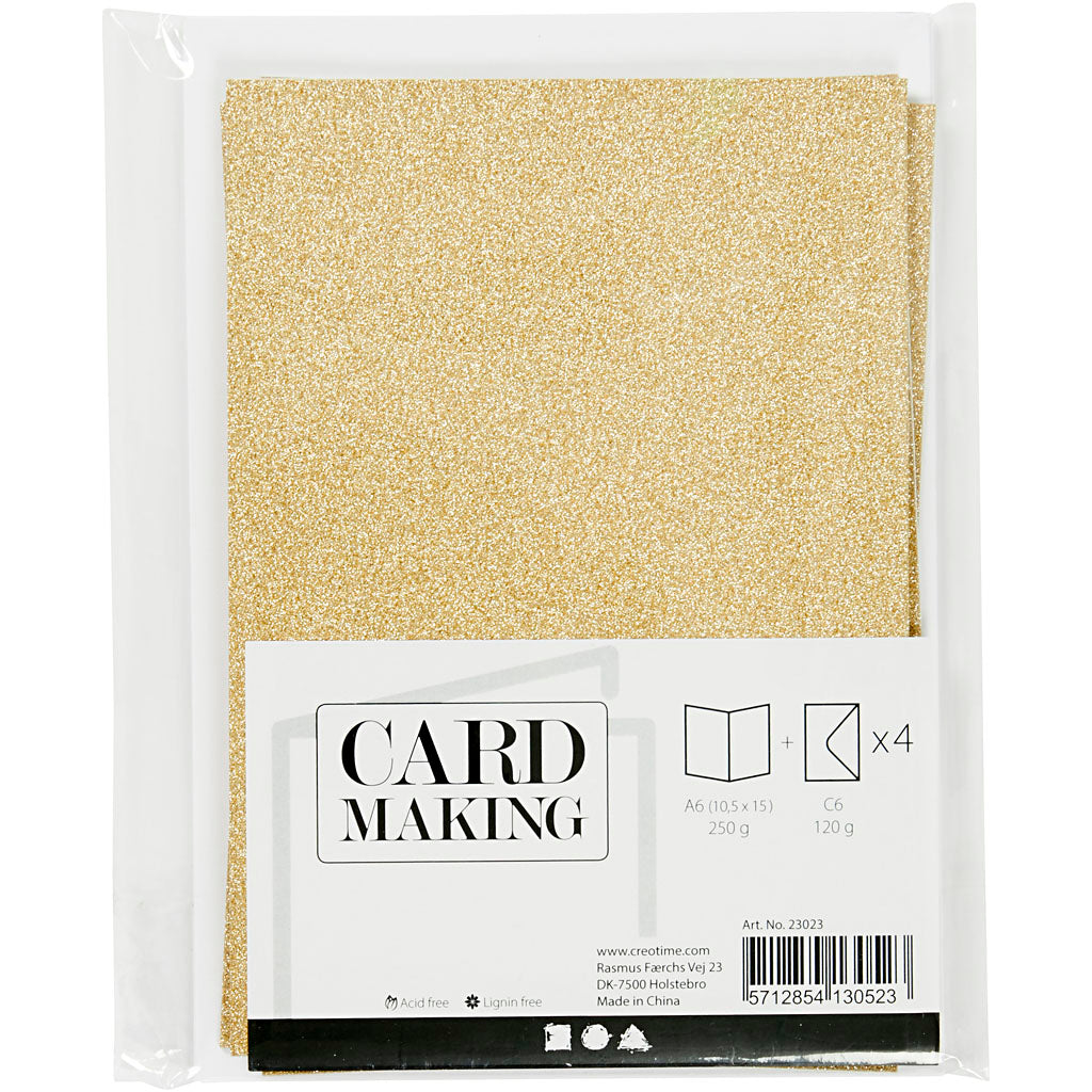 Cards and Envelopes, card size 10,5x15 cm, envelope size 11,5x16,5 cm, glitter, 120+250 g, gold, 4 set/ 1 pack [HOB-23023]