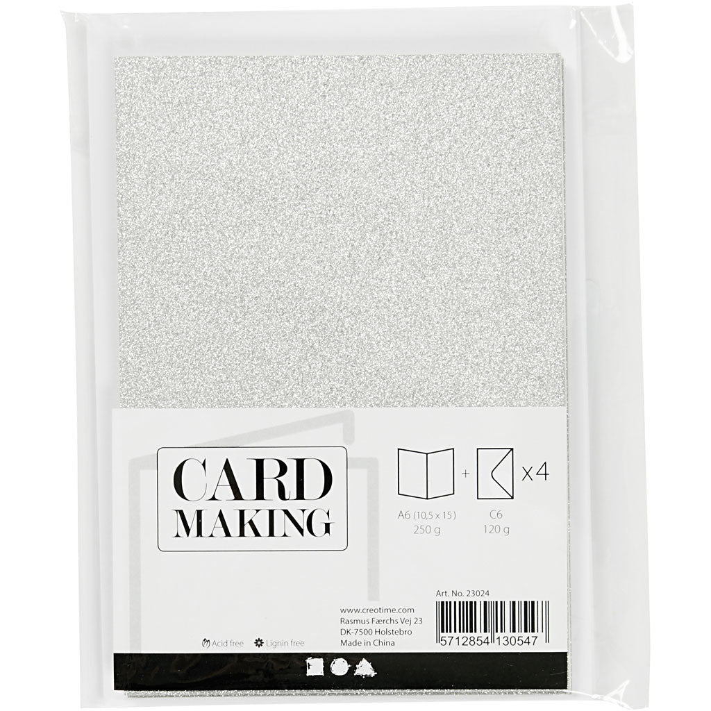 Cards and Envelopes, card size 10,5x15 cm, envelope size 11,5x16,5 cm, glitter, 120+250 g, silver, 4 set/ 1 pack [HOB-23024]