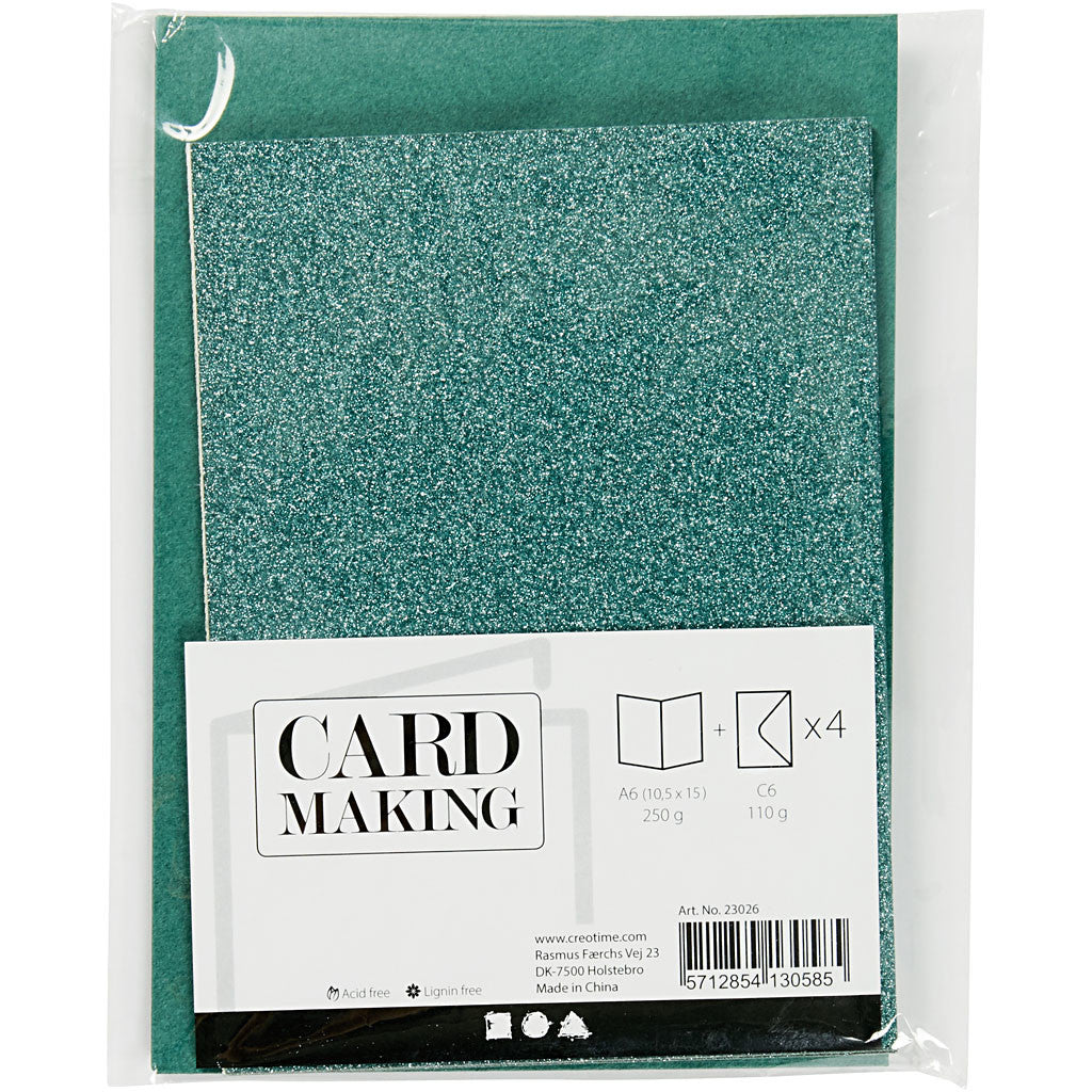 Cards and Envelopes, card size 10,5x15 cm, envelope size 11,5x16,5 cm, glitter, 110+250 g, green, 4 set/ 1 pack [HOB-23026]