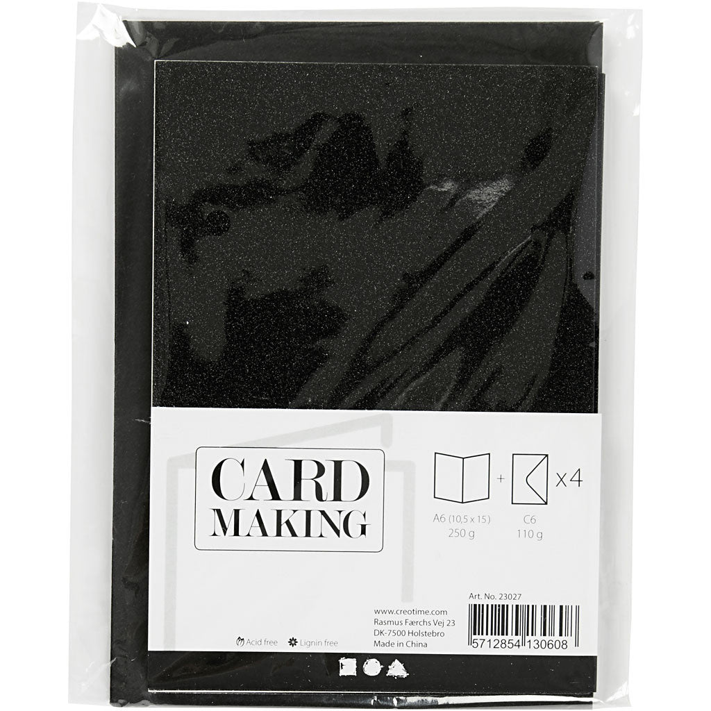 Cards and Envelopes, card size 10,5x15 cm, envelope size 11,5x16,5 cm, glitter, 110+250 g, black, 4 set/ 1 pack [HOB-23027]