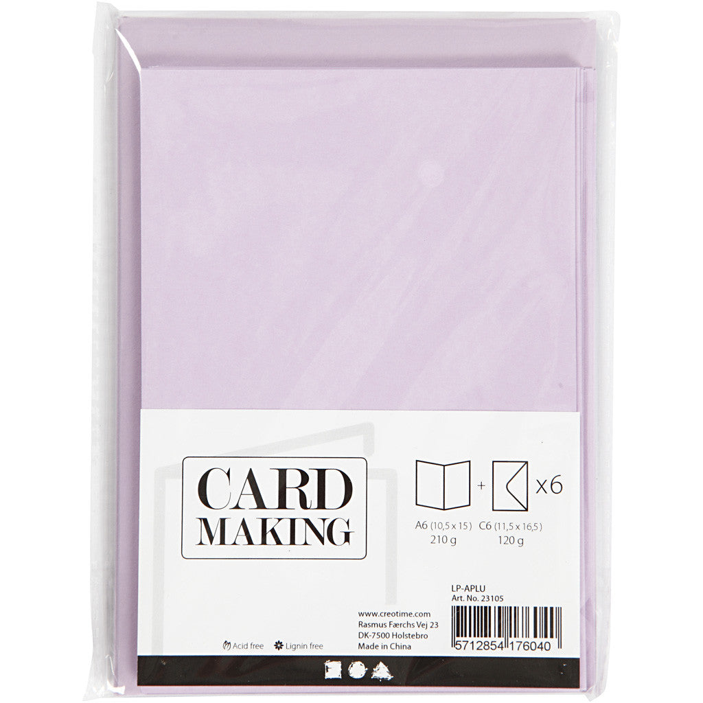 Cards and envelopes, card size 10,5x15 cm, envelope size 11,5x16,5 cm, 120+210 g, light lilac, 6 set/ 1 pack [HOB-23105]