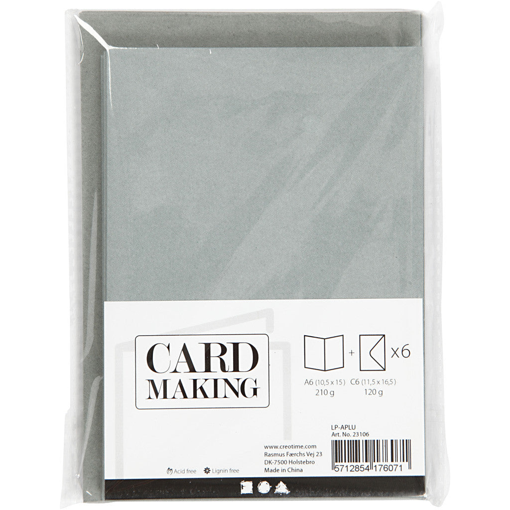 Cards and envelopes, card size 10,5x15 cm, envelope size 11,5x16,5 cm, 120+210 g, grey, 6 set/ 1 pack [HOB-23106]