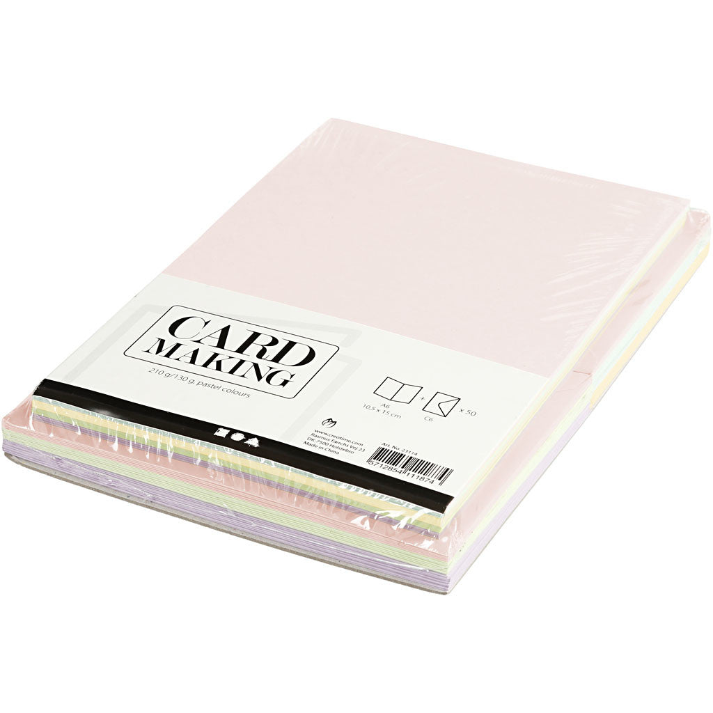 Cards and envelopes, card size 10,5x15 cm, envelope size 11,5x16,5 cm, 110+220 g, pastel colours, 50 set/ 1 pack [HOB-23114]