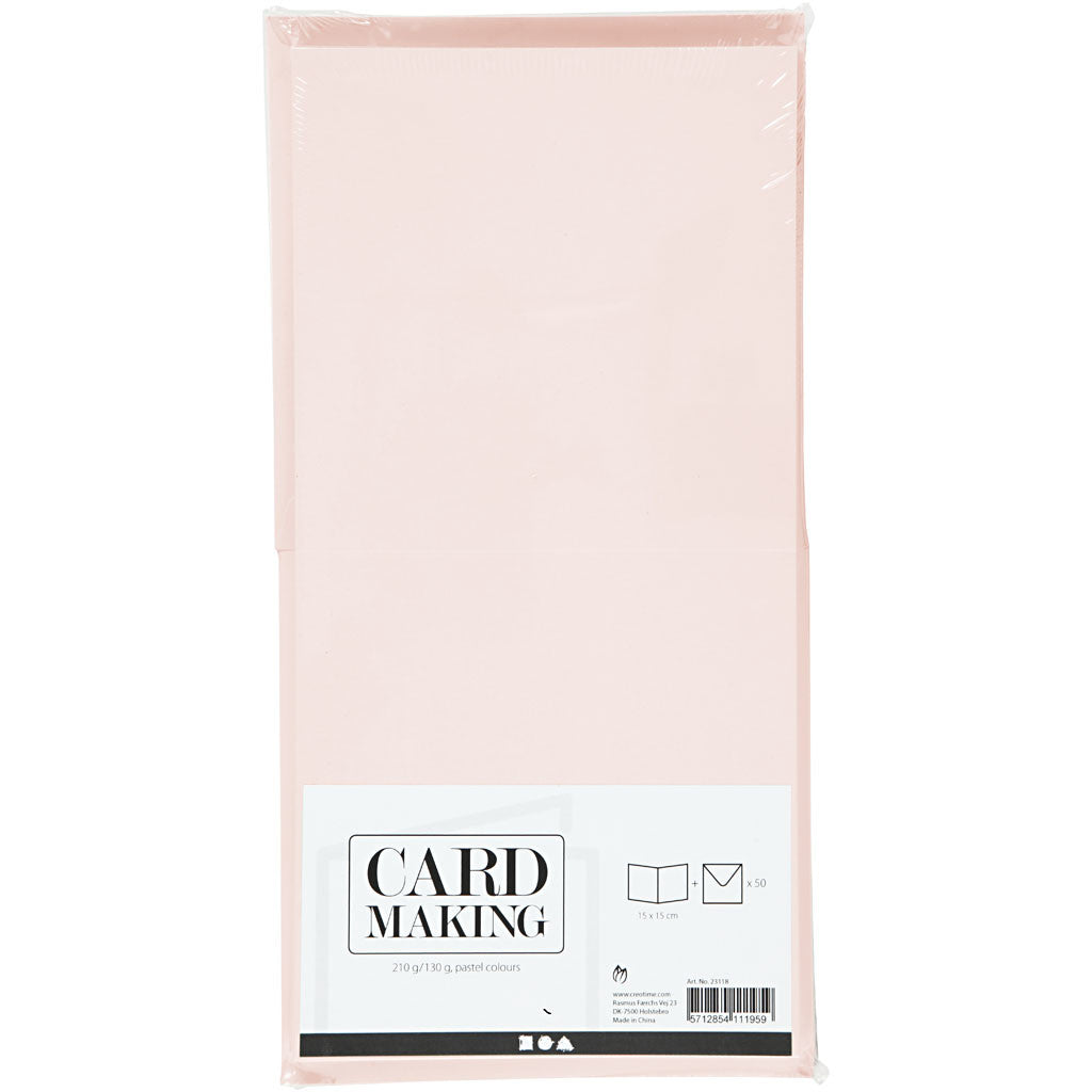 Cards and envelopes, card size 15x15 cm, envelope size 16x16 cm, 110+220 g, pastel colours, 50 set/ 1 pack [HOB-23118]