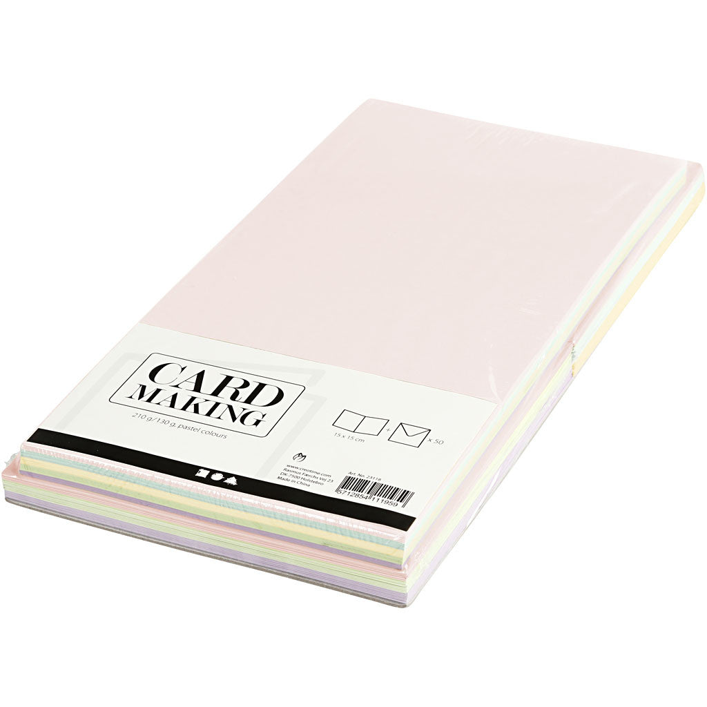 Cards and envelopes, card size 15x15 cm, envelope size 16x16 cm, 110+220 g, pastel colours, 50 set/ 1 pack [HOB-23118]
