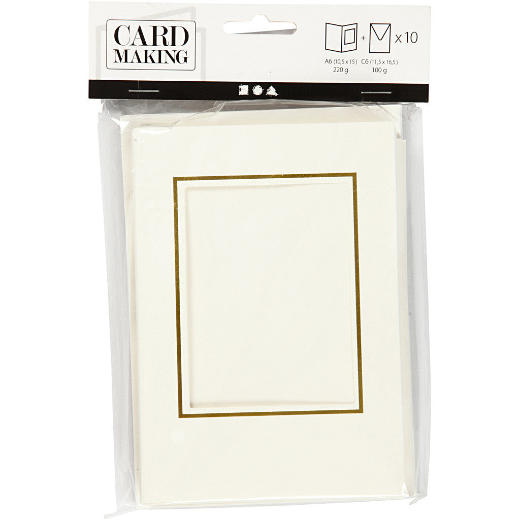Passepartout Card, rectangular with gold border, card size 10,5x15 cm, envelope size 11,5x16,5 cm, off-white, 10 set/ 1 pack [HOB-23726]