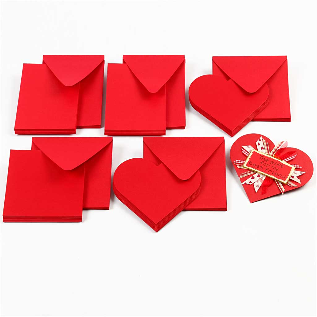 Heart-Shaped Cards , card size 12,5x12,5 cm, envelope size 13,5x13,5 cm, red, 10 set/ 1 pack [HOB-23762]