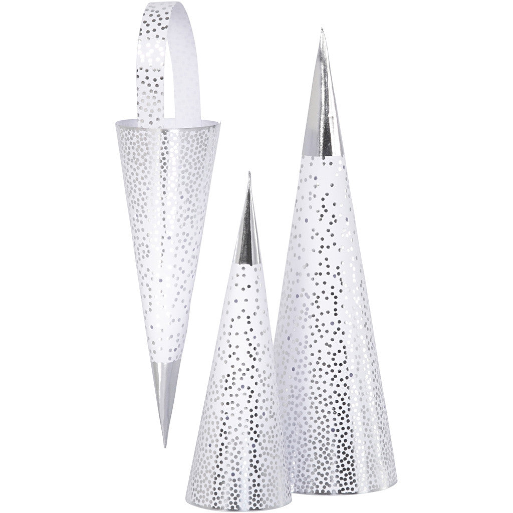 Cones, H: 18+28 cm, 120 g, silver, white, 3 pc/ 1 pack [HOB-24365]