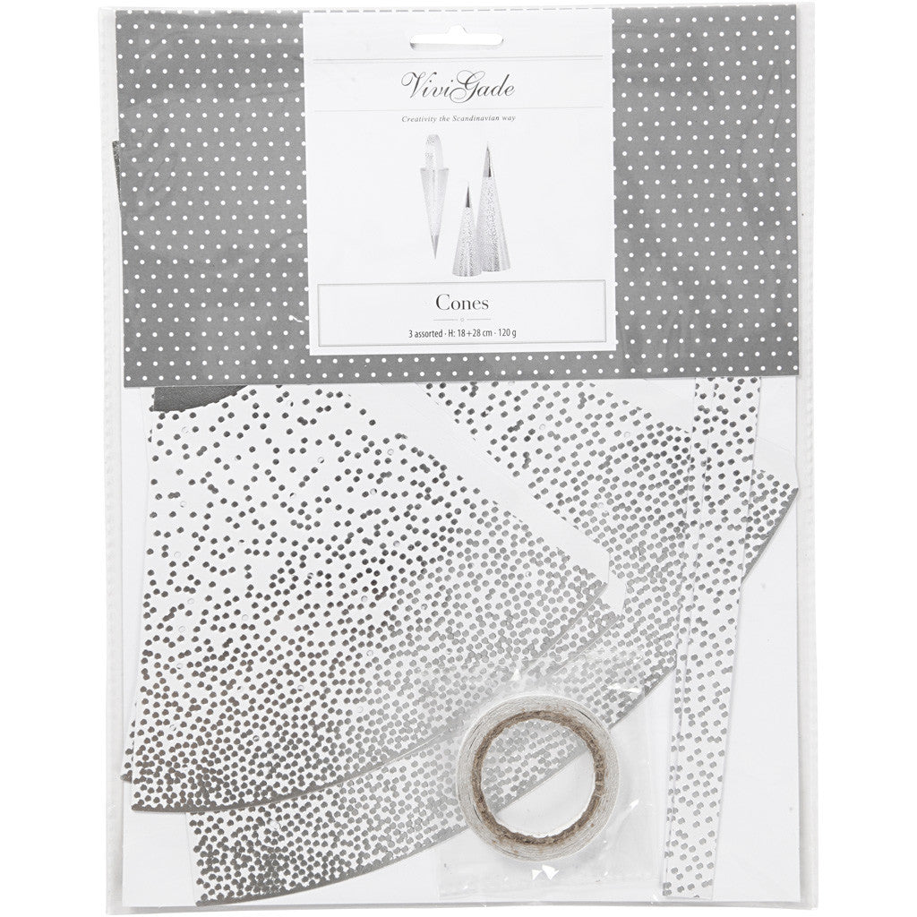 Cones, H: 18+28 cm, 120 g, silver, white, 3 pc/ 1 pack [HOB-24365]