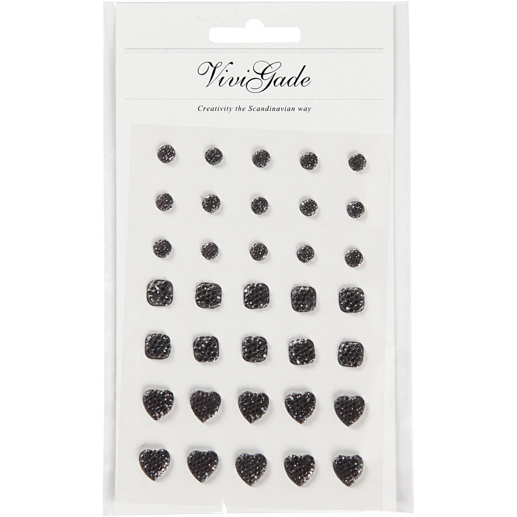 Rhinestones, round, square, heart, size 6+8+10 mm, black, 35 pc/ 1 pack [HOB-24379]