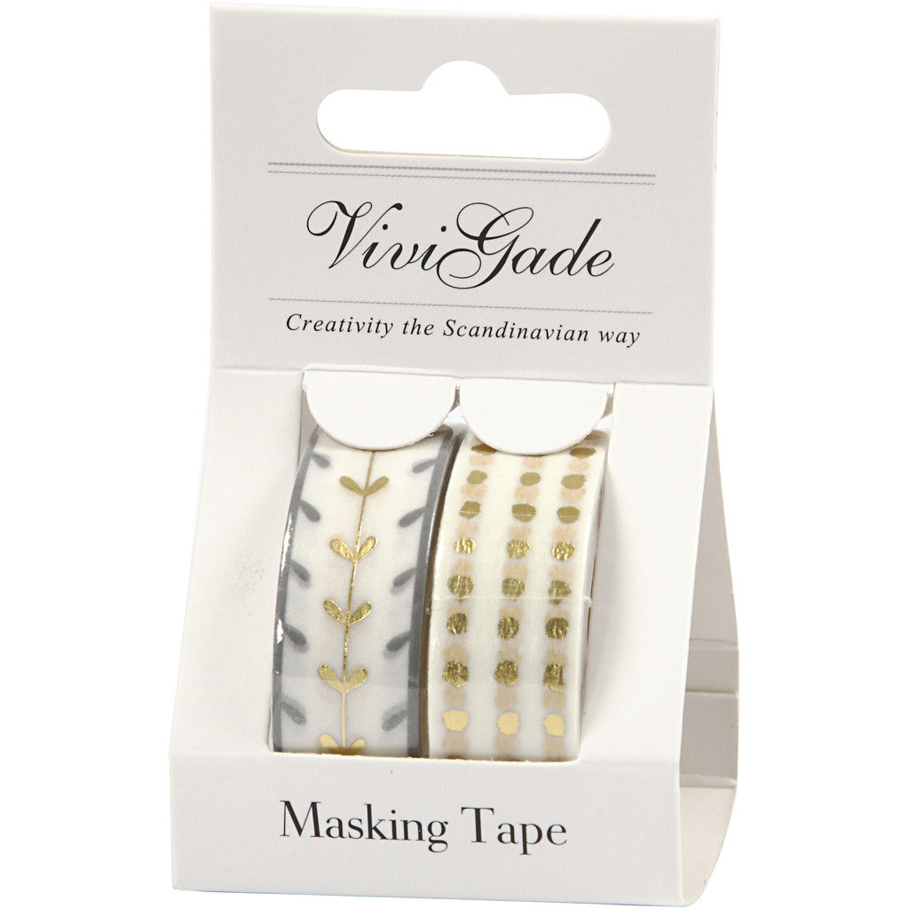 Washi Tape, hearts and dots - foil, W: 15 mm, gold, white, 2x4 m/ 1 pack [HOB-24767]