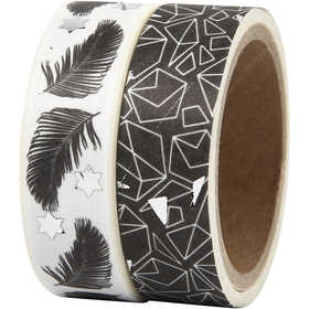 Washi Tape, feather and pattern -foil, W: 15 mm, 2x4 m/ 1 pack [HOB-24772]