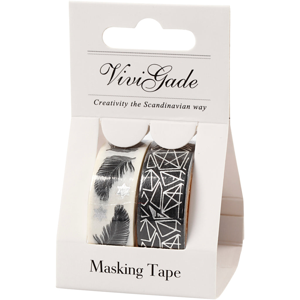 Washi Tape, feather and pattern -foil, W: 15 mm, 2x4 m/ 1 pack [HOB-24772]