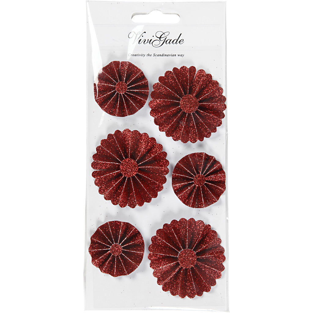 Paper Rosettes, dia. 35+50 mm, red glitter, 6 pc/ 1 pack [HOB-24775]