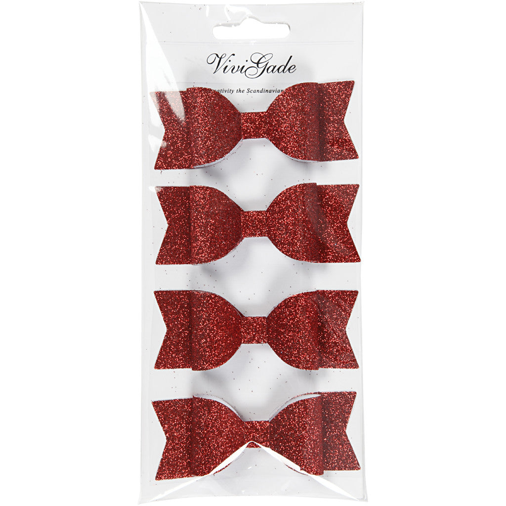 Paper Bow, size 31x85 mm, red glitter, 4 pc/ 1 pack [HOB-24777]