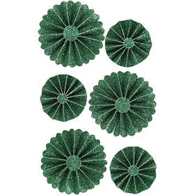 Paper Rosettes, dia. 35+50 mm, green glitter, 6 pc/ 1 pack [HOB-24781]